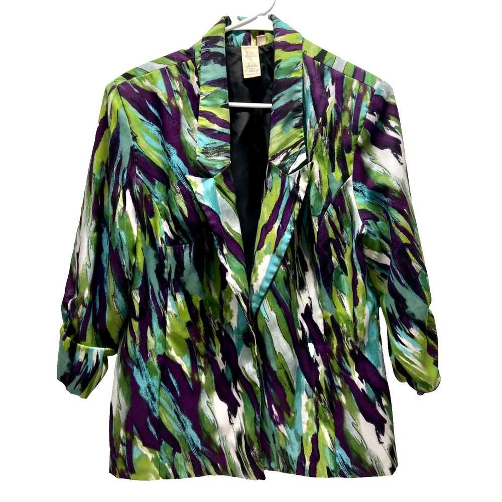 Lavender & Honey Suit Blazer Women's Large Multi Green 1 Button 3/4 Sleeve EUC